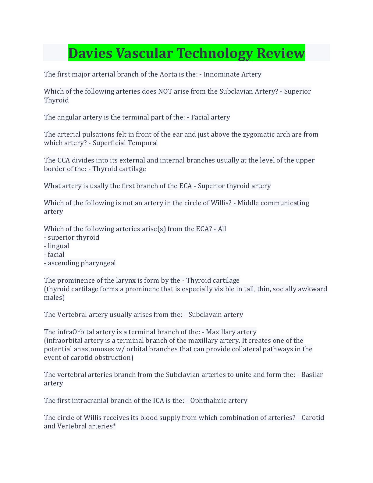 Preview image for Davies Vascular Technology Review Questions And Answers